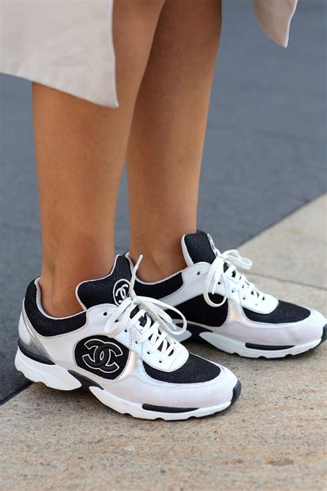 basket chanel blanche et argent|Chanel black and white sneakers.